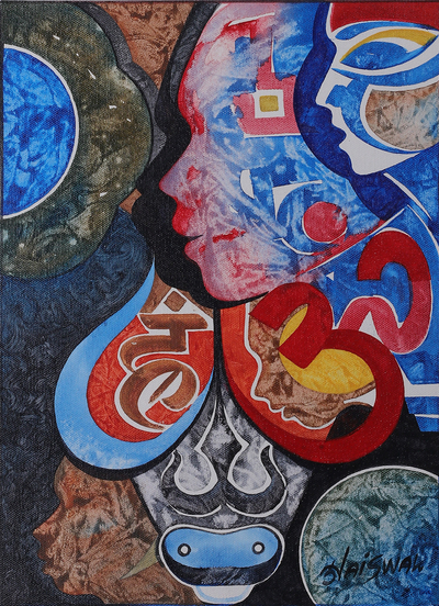 „Kosmischer Klang“ – signiertes expressionistisches Omkara-Acrylgemälde aus Indien