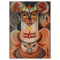 „Mangal Mahadev“ – signiertes expressionistisches traditionelles Acrylgemälde aus Indien