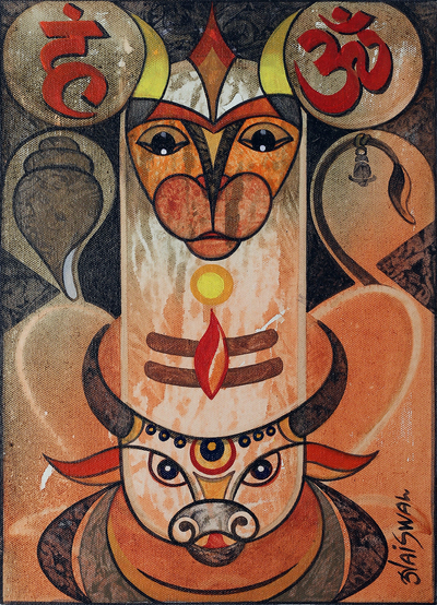'Mangal Mahadev' - Pintura acrílica tradicional expresionista firmada de la India
