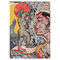„Shankh Naad“ – Expressionistisches Shankh Naad-Gemälde aus grauem und rotem Acryl