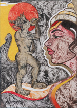 'Shankh Naad' - Expressionist Grey and Red Acrylic Shankh Naad Painting