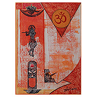 „Bramha, Vishnu, Mahesh“ – signiertes expressionistisches Trimurti-Gemälde aus Acryl in warmen Farbtönen