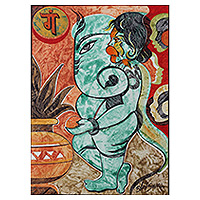 „Erste Anbetung“ – signiertes impressionistisches traditionelles Acryl-Ganesha-Gemälde