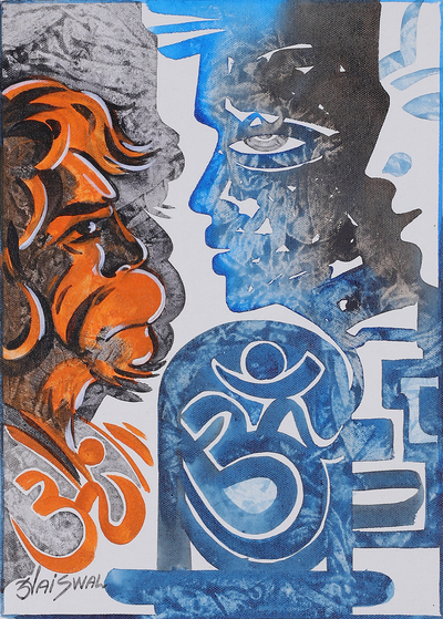 'Rudra Avtar' - Signed Expressionist Spiritual Blue and Red Acrylic Painting