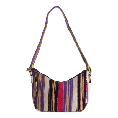 Suede shoulder bag, 'Modern Flair' - White Purple Pink Black & Yellow Striped Suede Shoulder Bag