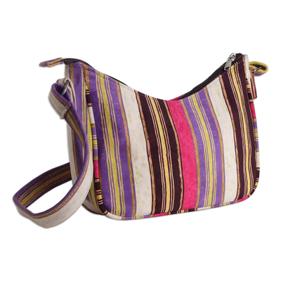 Suede shoulder bag, 'Modern Flair' - White Purple Pink Black & Yellow Striped Suede Shoulder Bag