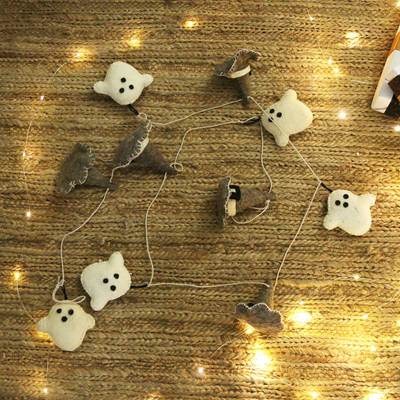 Wool felt garland, 'Hats & Ghosts' - Witch Hat and Ghost-Themed Grey and White Wool Felt Garland