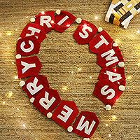 Girlande aus Wollfilz, „Weihnachtsbotschaft“ – handgenähte Wimpelkette aus rotem Wollfilz mit frohen Weihnachten