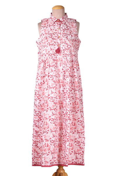 Cotton shirtdress, 'Perfect Pastel Pink' - Floral Pastel Pink Pintucked Sleeveless Cotton Shirtdress