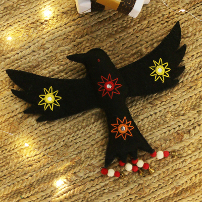 Wool felt wall accent, 'Spooky Wings' - Handmade Raven-Themed Black Wool Felt Wall Accent with Bells