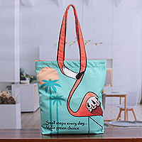 Baumwoll-Einkaufstasche, „Environmental Stance“ – Bedruckte, inspirierende Baumwoll-Einkaufstasche mit Flamingo-Motiv