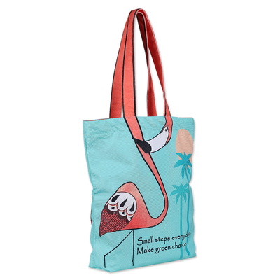 Cotton tote bag, 'Environmental Stance' - Printed Inspirational Flamingo-Themed Cotton Tote Bag