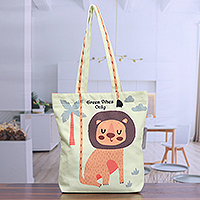 Baumwoll-Einkaufstasche, „Rat des Löwen“ – Bedruckte, inspirierende grüne Baumwoll-Einkaufstasche mit Löwenmotiv