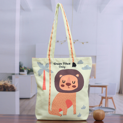 Cotton tote bag, 'Lion's Advice' - Printed Inspirational Lion-Themed Green Cotton Tote Bag