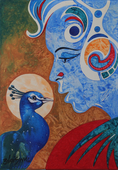'Vasundhara' - Signed Expressionist Acrylic Vasundhara and Peacock Painting
