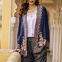Embroidered jacket, 'Mughal Garden in Sapphire' - Embroidered Floral Sapphire Jacket with Open Front