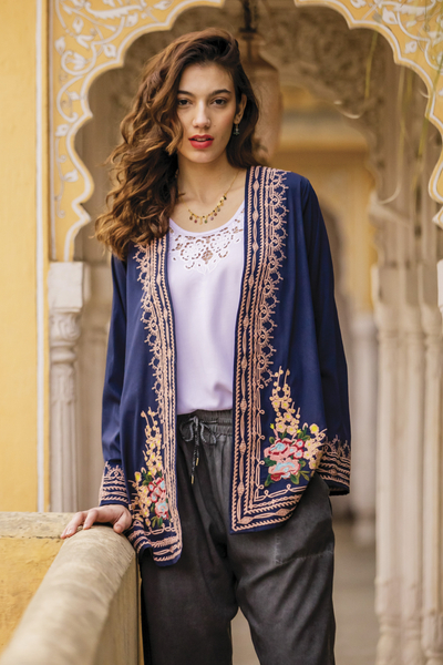 Embroidered jacket, 'Mughal Garden in Sapphire' - Indian Floral Embroidered Waterfall Cardigan Jacket in Blue