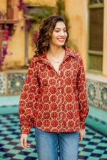 Printed cotton shirt, 'Hive Awakening' - Hive-Pattern Printed Button-Up Cotton Shirt in Orange