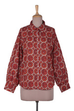 Printed cotton shirt, 'Hive Awakening' - Hive-Pattern Printed Button-Up Cotton Shirt in Orange