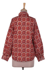 Printed cotton shirt, 'Hive Awakening' - Hive-Pattern Printed Button-Up Cotton Shirt in Orange