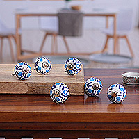 Ceramic knobs, 'The Forest Blue' (set of 6) - Set of 6 Handcrafted Blue and White Leafy Ceramic Knobs