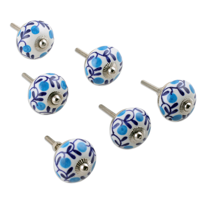 Ceramic knobs, 'The Forest Blue' (set of 6) - Set of 6 Handcrafted Blue and White Leafy Ceramic Knobs