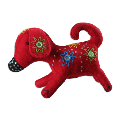 Wool felt tree topper, 'Christmas' Puppy' - Embroidered Red Puppy Wool Felt Tree Topper with Sequins