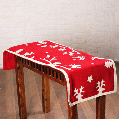 Camino de mesa de fieltro de lana con apliques - Camino de mesa navideño de fieltro de lana hecho a mano en rojo