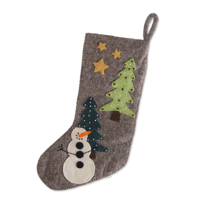 Applique wool felt beaded Christmas stocking, 'Holiday Splendor' - Grey Applique Wool Felt Beaded Snowman Christmas Stocking