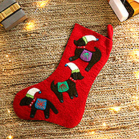 Media navideña con apliques de fieltro de lana y pedrería - Media navideña de perro con cuentas de fieltro de lana hecha a mano