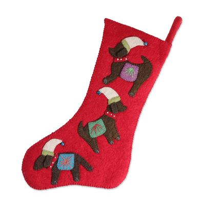 Applique wool felt beaded Christmas stocking, 'Festive Dogs' - Handmade Applique Wool Felt Beaded Dog Christmas Stocking