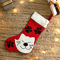 Wool felt stocking, 'Feline Eve' - Handcrafted Cat-Themed Red and White Wool Felt Stocking