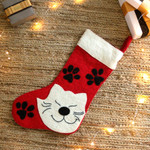 Wool felt stocking, 'Feline Eve' - Handcrafted Cat-Themed Red and White Wool Felt Stocking