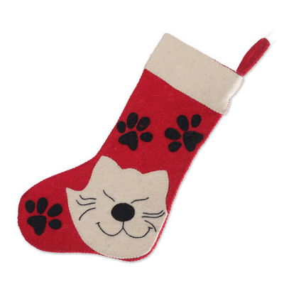 Wool felt stocking, 'Feline Eve' - Handcrafted Cat-Themed Red and White Wool Felt Stocking