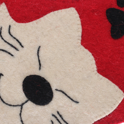 Media de fieltro de lana - Media de fieltro de lana roja y blanca con temática de gato hecha a mano