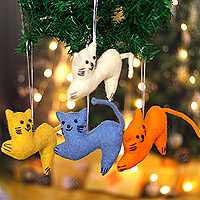 Wool felt ornaments, 'Festive Kittens' (set of 4) - Set of 4 Handcrafted Cat-Shaped Wool Felt Ornaments