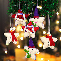 Wool felt ornaments, 'Star Holidays' (set of 6) - Set of 6 Star-Shaped Christmas-Themed Wool Felt Ornaments