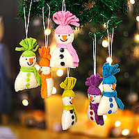 Wool felt ornaments, 'Holiday Snowmen' (set of 6) - Set of Six Handcrafted Colorful Snowmen Wool Felt Ornaments