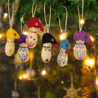 Wool felt ornaments, 'Snow Kids' (set of 6) - Set of 6 Handcrafted Whimsical Colorful Wool Felt Ornaments