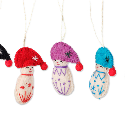 Wool felt ornaments, 'Snow Kids' (set of 6) - Set of 6 Handcrafted Whimsical colourful Wool Felt Ornaments