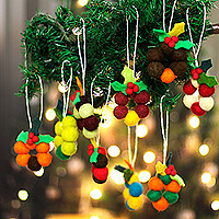 Wool felt ornaments, 'Festive Wreaths' (set of 9) - Set of 9 Handcrafted Wool Felt Wreath Ornaments from India