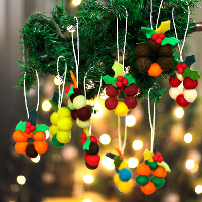 Wool felt ornaments, 'Festive Wreaths' (set of 9) - Set of 9 Handcrafted Wool Felt Wreath Ornaments from India