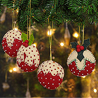 Wool felt ornaments, 'Christmas Strawberries' (set of 4) - Set of 4 Strawberry-Themed Red and White Wool Felt Ornaments