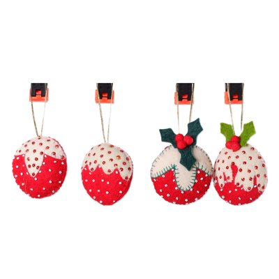 Wool felt ornaments, 'Christmas Strawberries' (set of 4) - Set of 4 Strawberry-Themed Red and White Wool Felt Ornaments