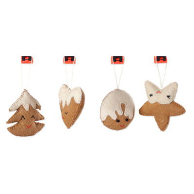 Wool felt ornaments, 'Christmas Cookies' (set of 4) - Set of 4 Handcrafted Cookie-Themed Wool Felt Ornaments