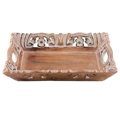 Wood decorative tray, 'Antique Heaven' - Antique Finished Handcrafted White and Brown Decorative Tray