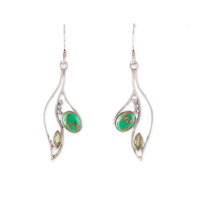 Peridot dangle earrings, 'Lucky Harmony' - Leafy Peridot and Recon Turquoise Dangle Earrings from India