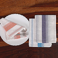 Baumwoll-Geschirrtücher, „Stripes of Sweetness“ (3er-Set) – Set mit 3 lila, orange und blau gestreiften Baumwoll-Geschirrtüchern