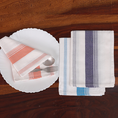 Cotton dish towels, 'Stripes of Sweetness' (set of 3) - Set of 3 Purple, Orange and Blue Striped Cotton Dish Towels