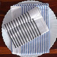 Toallas de cocina de algodón, 'Serene Taste' (juego de 2) - Juego de 2 toallas de cocina de algodón a rayas negras y azules tejidas a mano